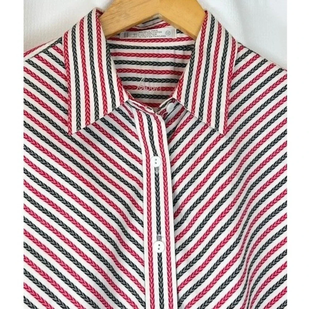 Foxcroft Non Iron Button Up Shirt Sz 12 Red Black Diagonal Stripe Preppy Boho - Picture 3 of 13